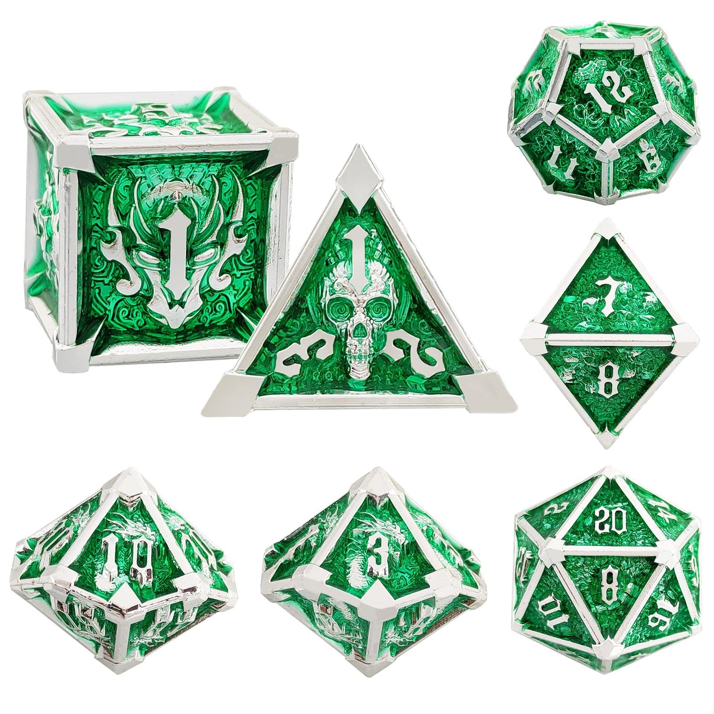 7-delige Metal Dice Set ‘Emerald Skull’