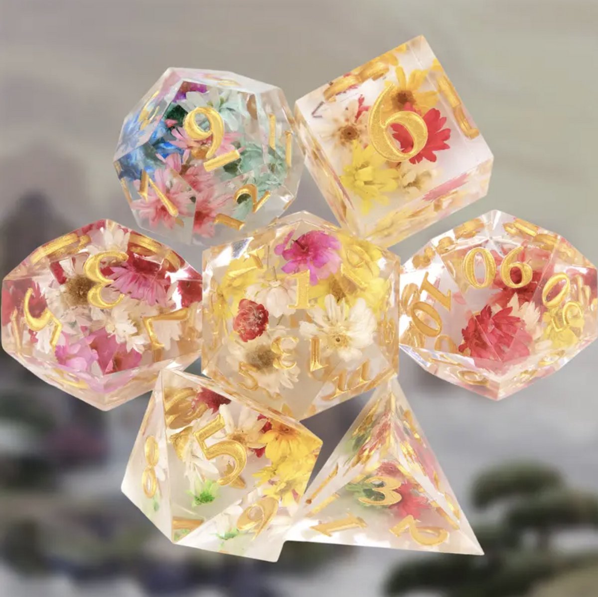 Dungeons and Dragons Dobbelsteen set Transparant met gekleurde Bloemen