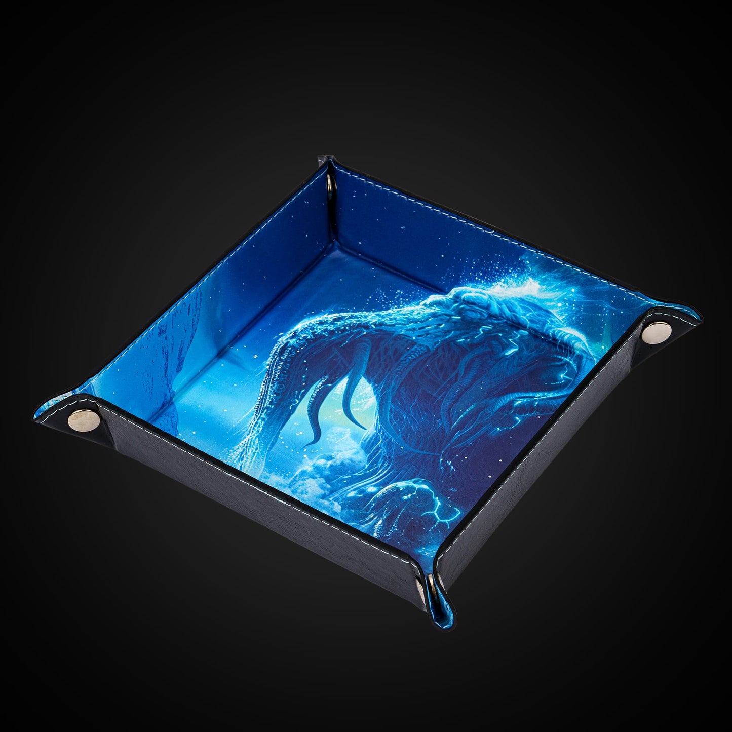 Opvouwbare Dice Tray – Zwart Kunstleer | Voor Dungeons & Dragons & TTRPG Dobbelstenen Monster Blauw Oceaan