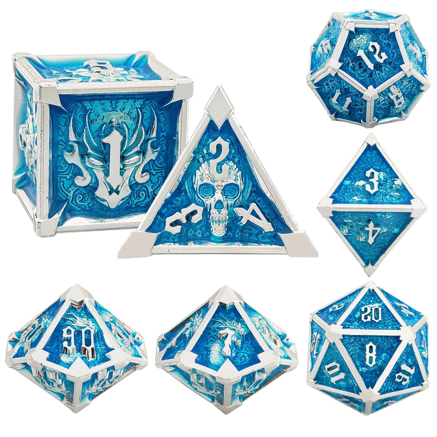 7-delige Metal Dice Set – “Frostbite” (Blauw met Zilver)