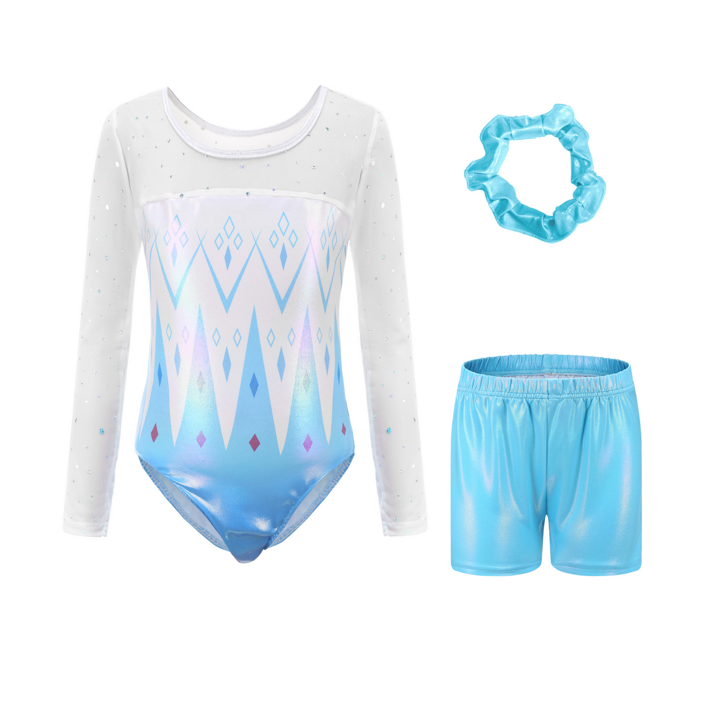 Turnpakje Meisjes met Lange Mouwen, Broekje en Scrunchie Blauw met Wit