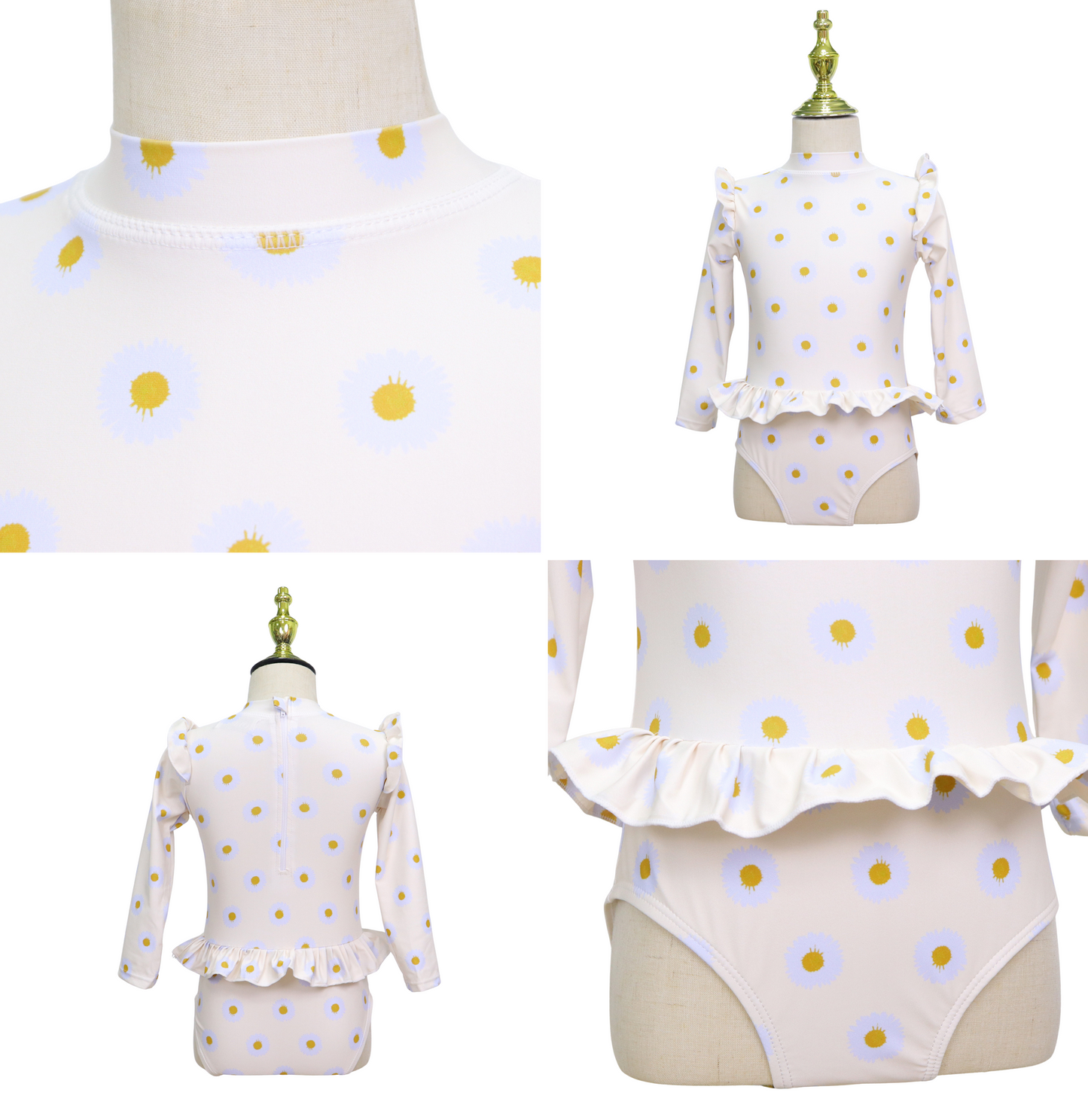 Badpak Lange Mouw Gebroken Wit met Bloemen print met Ruches Meisjes