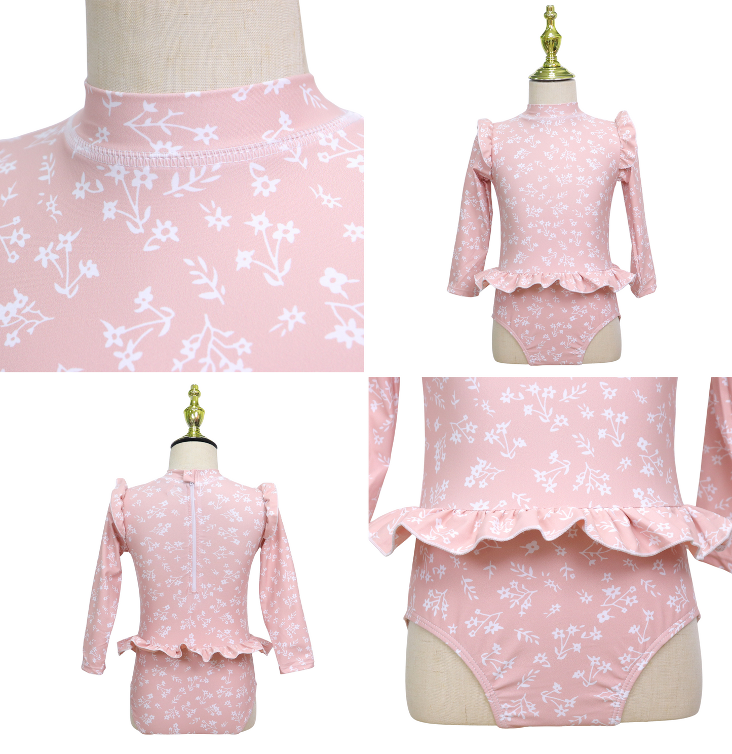 Badpak Lange Mouw Oud Roze met Bloemen print met Ruches Meisjes