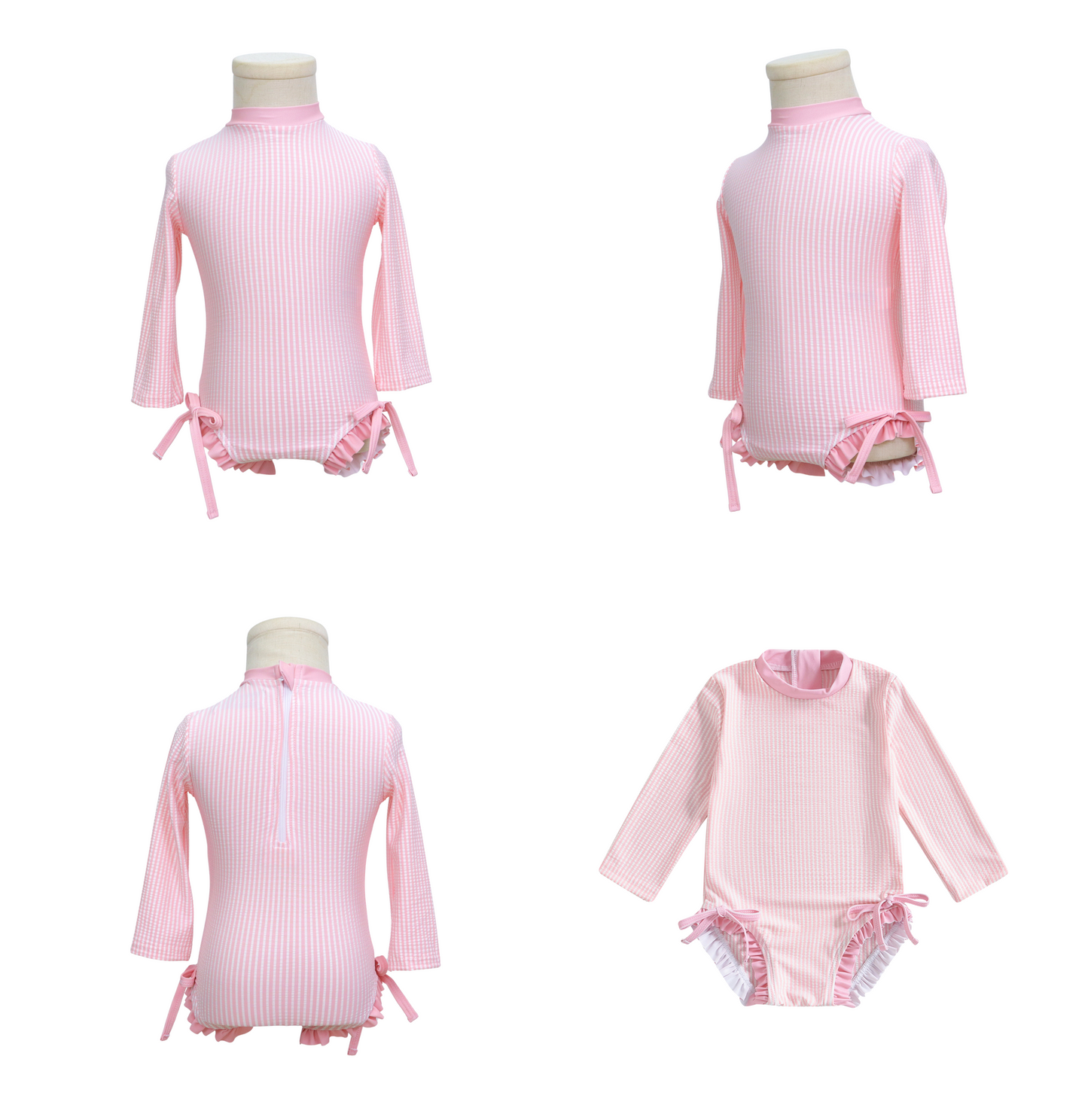 Badpak Lange Mouw Licht Roze met Streepjes en Roze Ruches Meisjes | Maat 0 - 3 Jaar