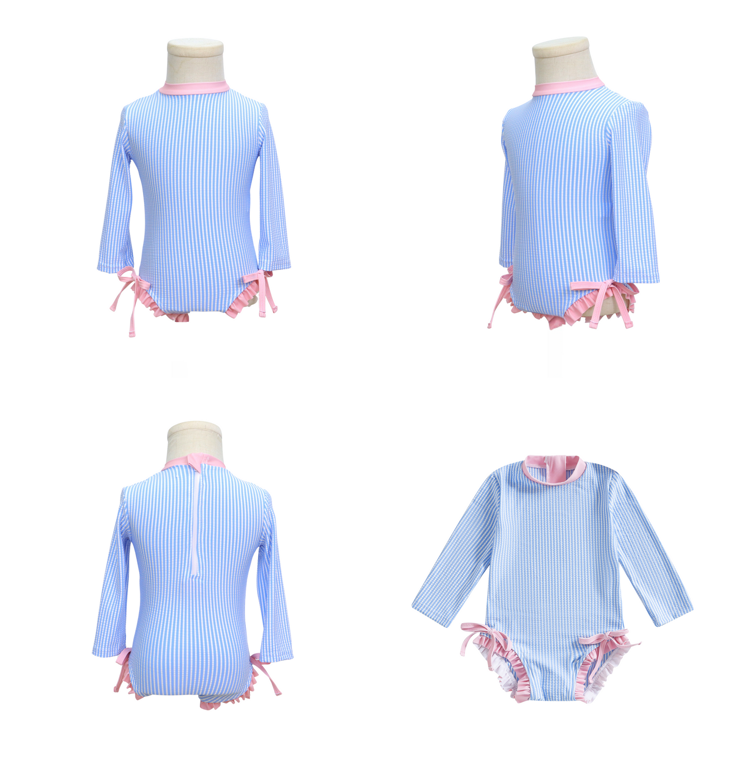 Badpak Lange Mouw Licht Blauw met Streepjes en Roze Ruches Meisjes