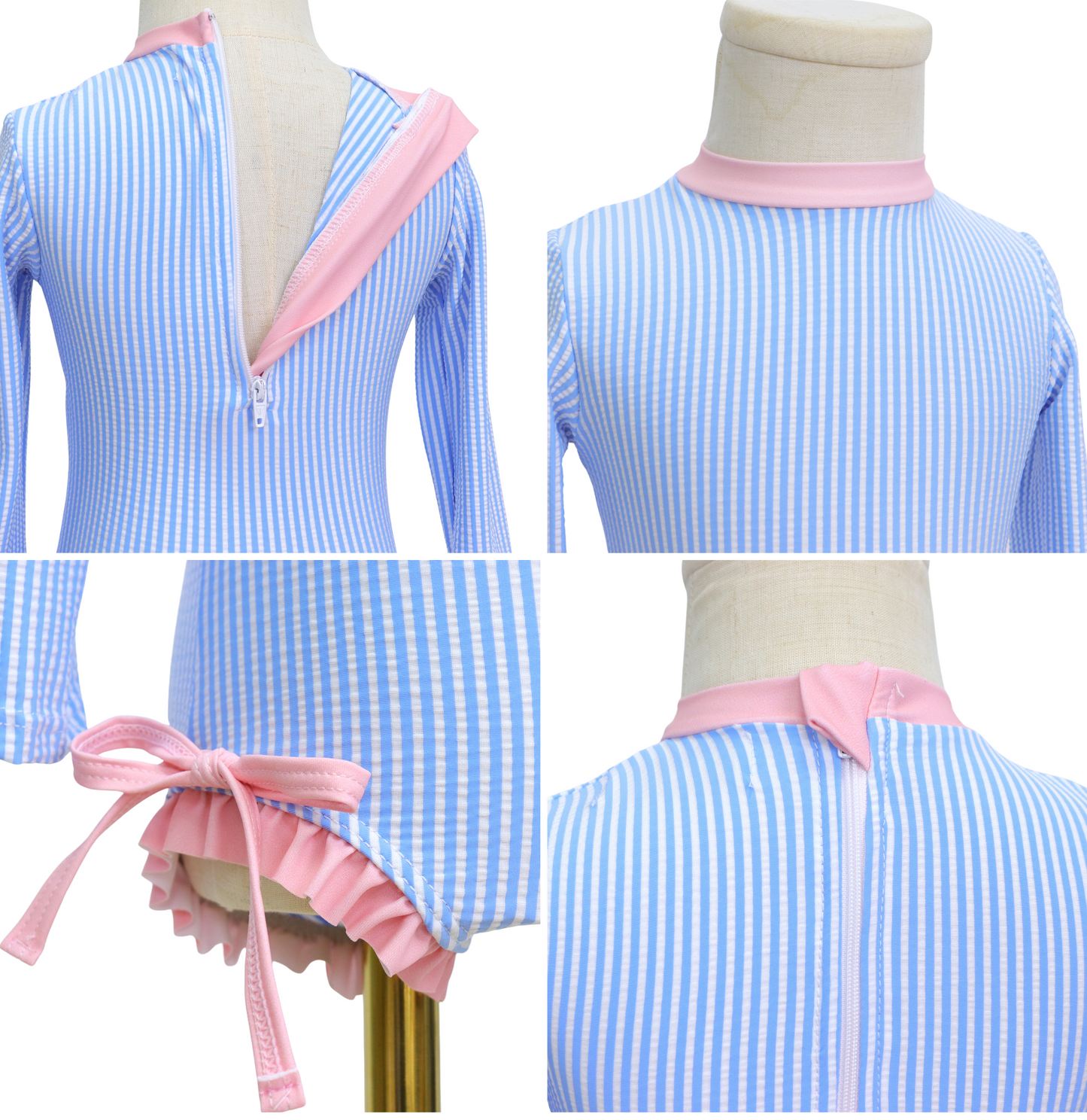 Badpak Lange Mouw Licht Blauw met Streepjes en Roze Ruches Meisjes