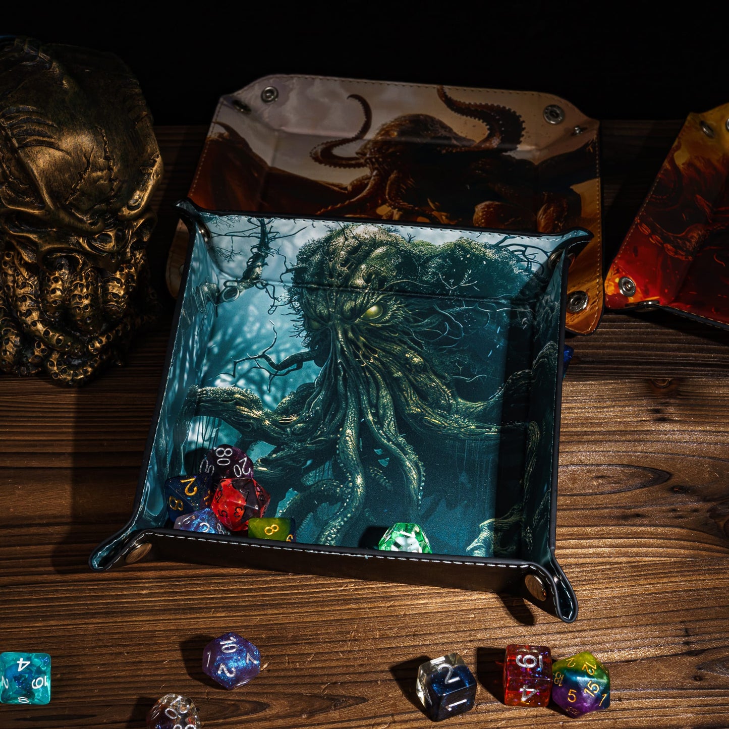 Opvouwbare Dice Tray – Zwart Kunstleer | Voor Dungeons & Dragons & TTRPG Dobbelstenen Monster Blauw