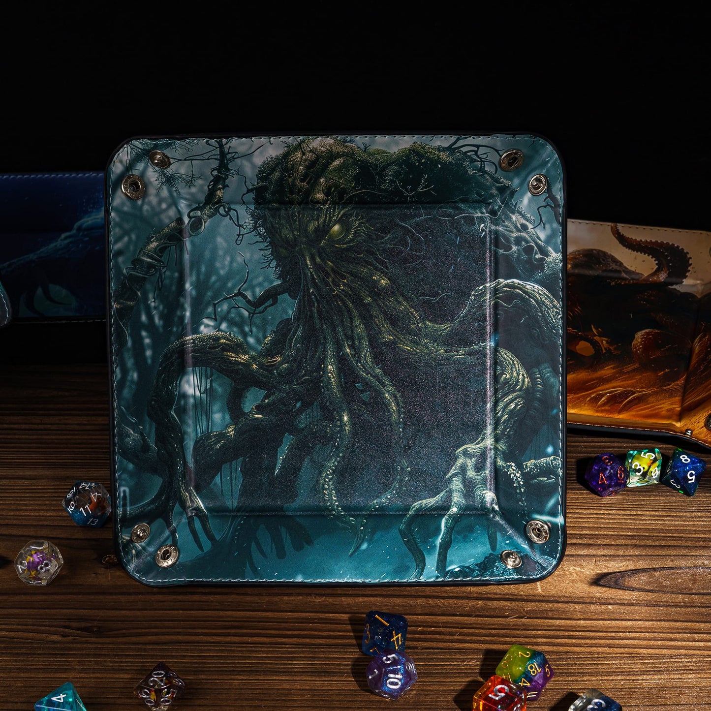 Opvouwbare Dice Tray – Zwart Kunstleer | Voor Dungeons & Dragons & TTRPG Dobbelstenen Monster Blauw