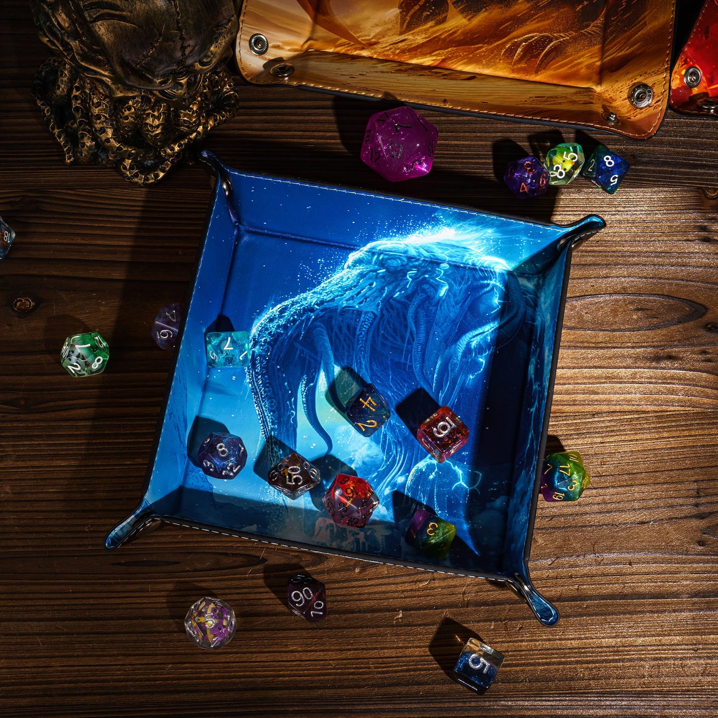 Opvouwbare Dice Tray – Zwart Kunstleer | Voor Dungeons & Dragons & TTRPG Dobbelstenen Monster Blauw Oceaan