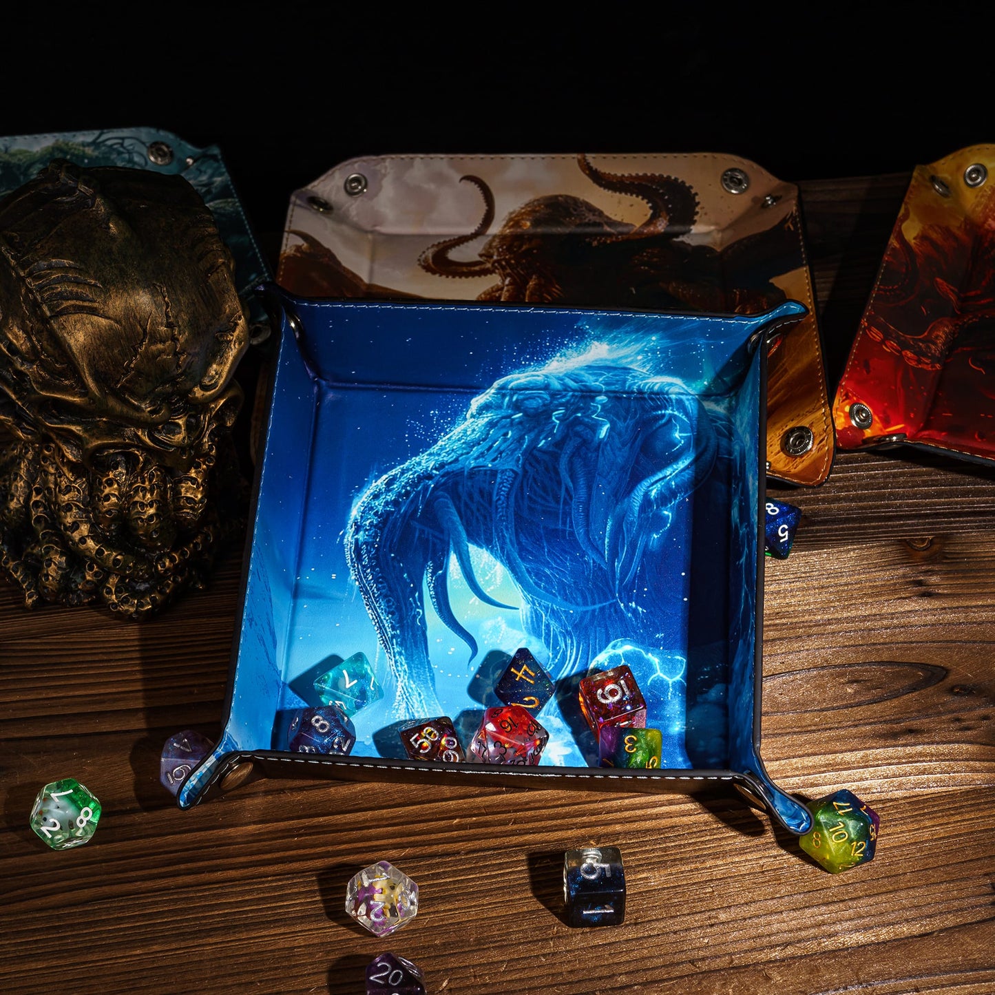 Opvouwbare Dice Tray – Zwart Kunstleer | Voor Dungeons & Dragons & TTRPG Dobbelstenen Monster Blauw Oceaan