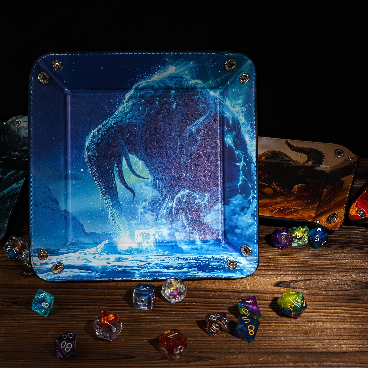 Opvouwbare Dice Tray – Zwart Kunstleer | Voor Dungeons & Dragons & TTRPG Dobbelstenen Monster Blauw Oceaan
