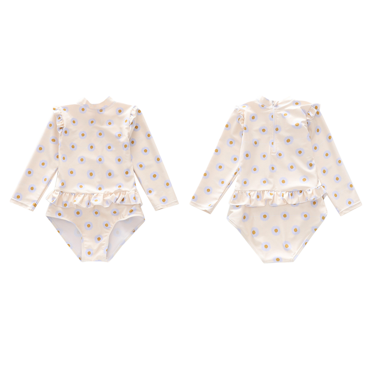 Badpak Lange Mouw Gebroken Wit met Bloemen print met Ruches Meisjes