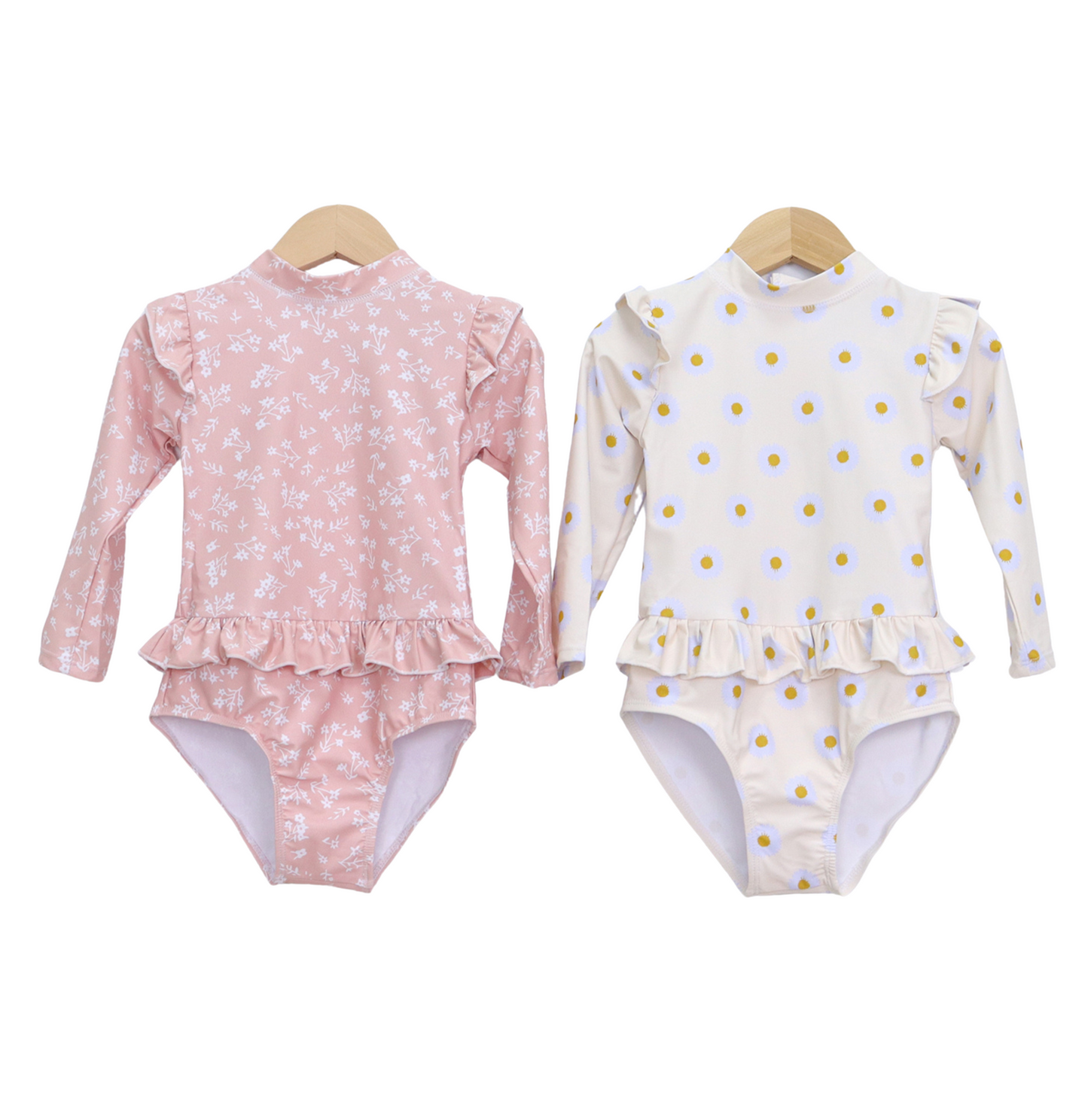 Badpak Lange Mouw Gebroken Wit met Bloemen print met Ruches Meisjes