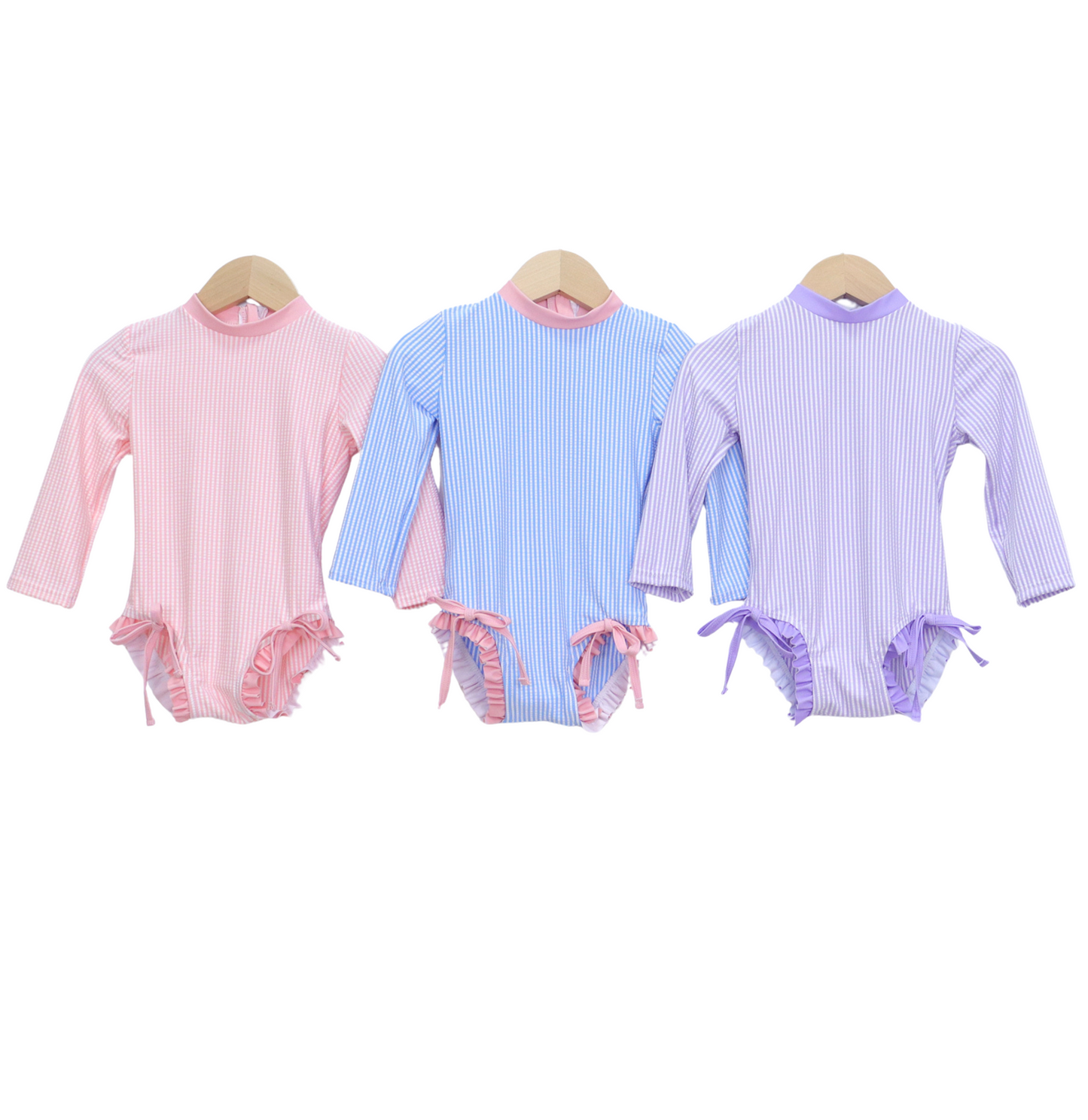 Badpak Lange Mouw Licht Blauw met Streepjes en Roze Ruches Meisjes