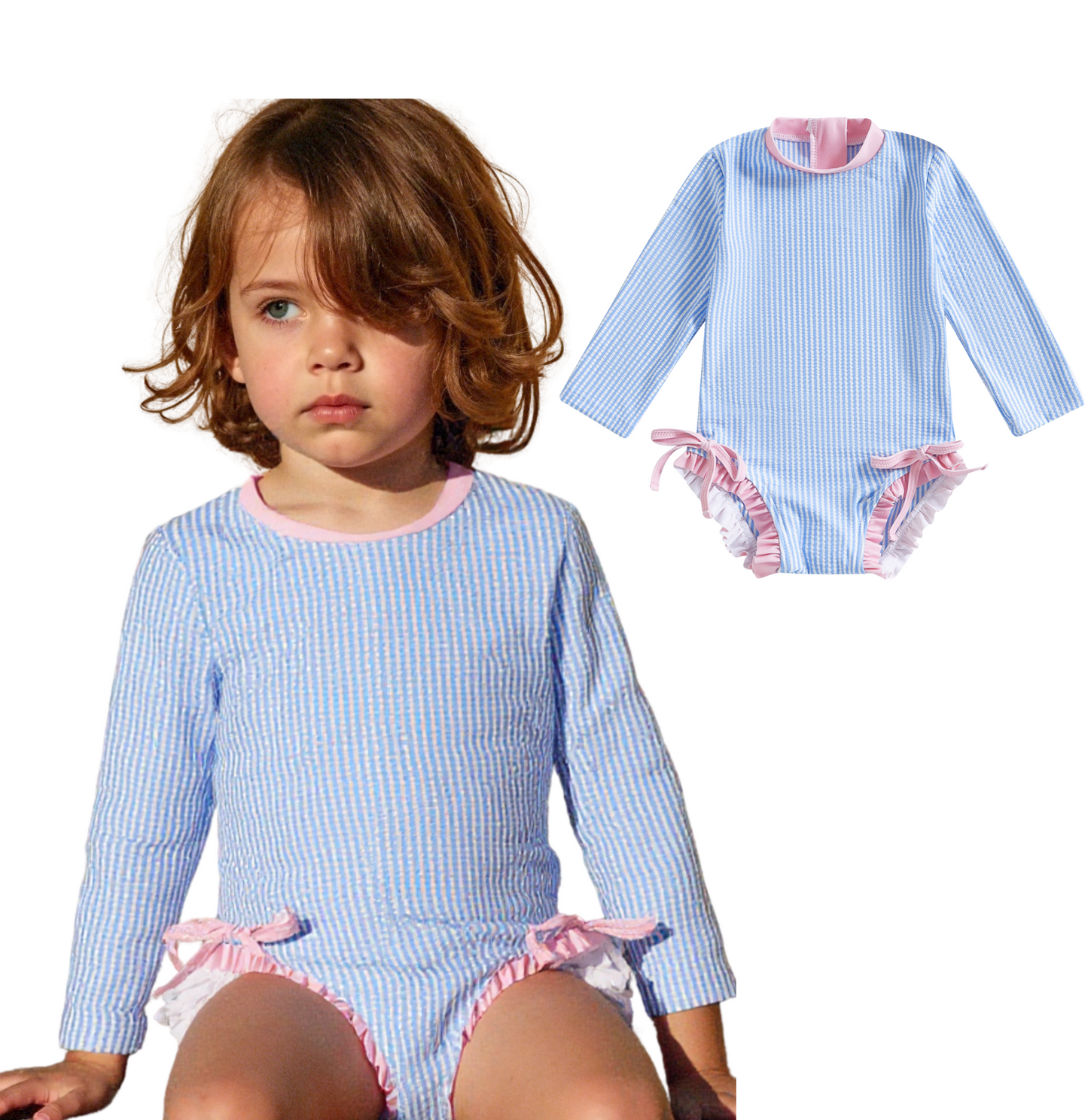 Badpak Lange Mouw Licht Blauw met Streepjes en Roze Ruches Meisjes