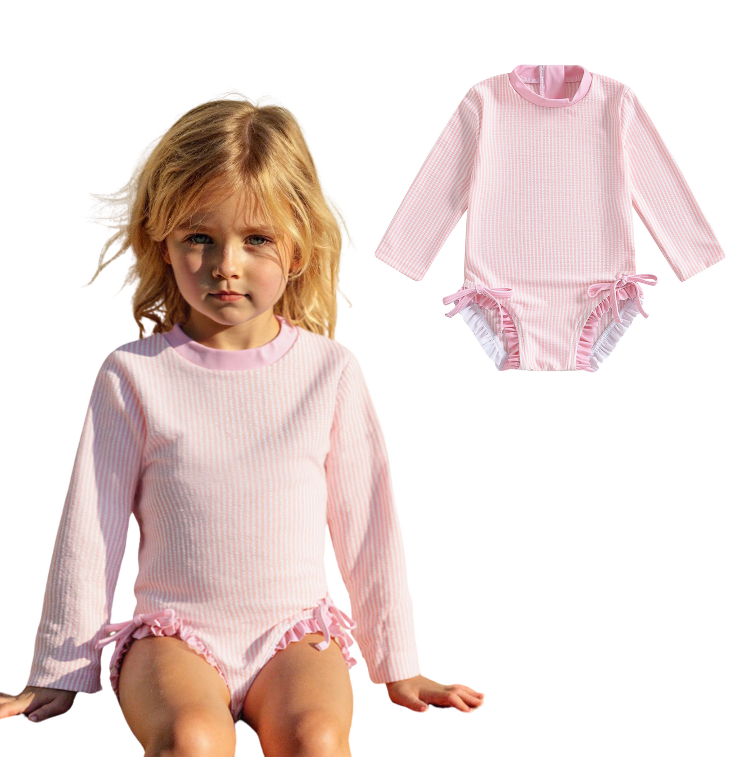 Badpak Lange Mouw Licht Roze met Streepjes en Roze Ruches Meisjes | Maat 0 - 3 Jaar