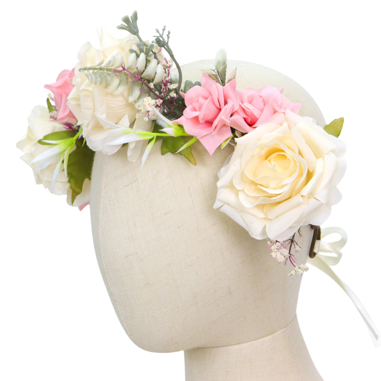 Bloemenkrans Haarband Roze & Crème