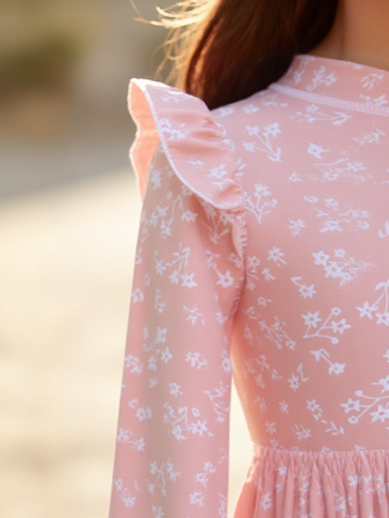 Badpak Lange Mouw Oud Roze met Bloemen print met Ruches Meisjes