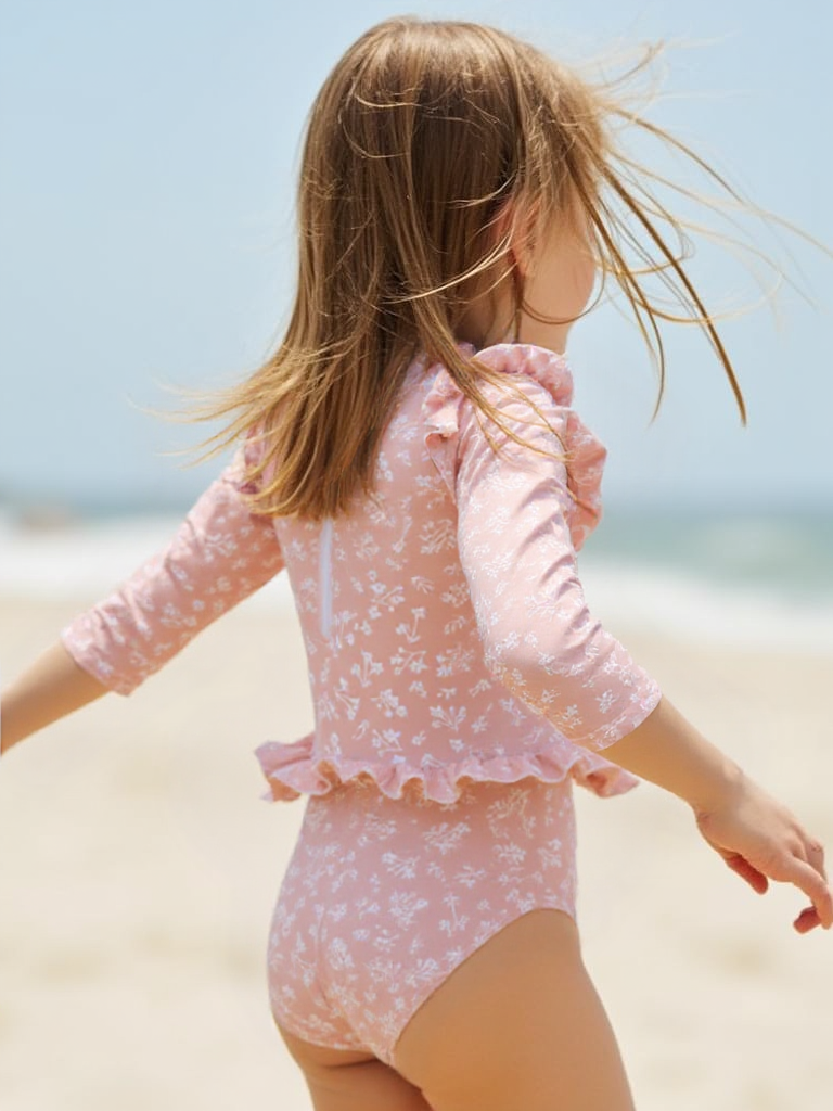 Badpak Lange Mouw Oud Roze met Bloemen print met Ruches Meisjes