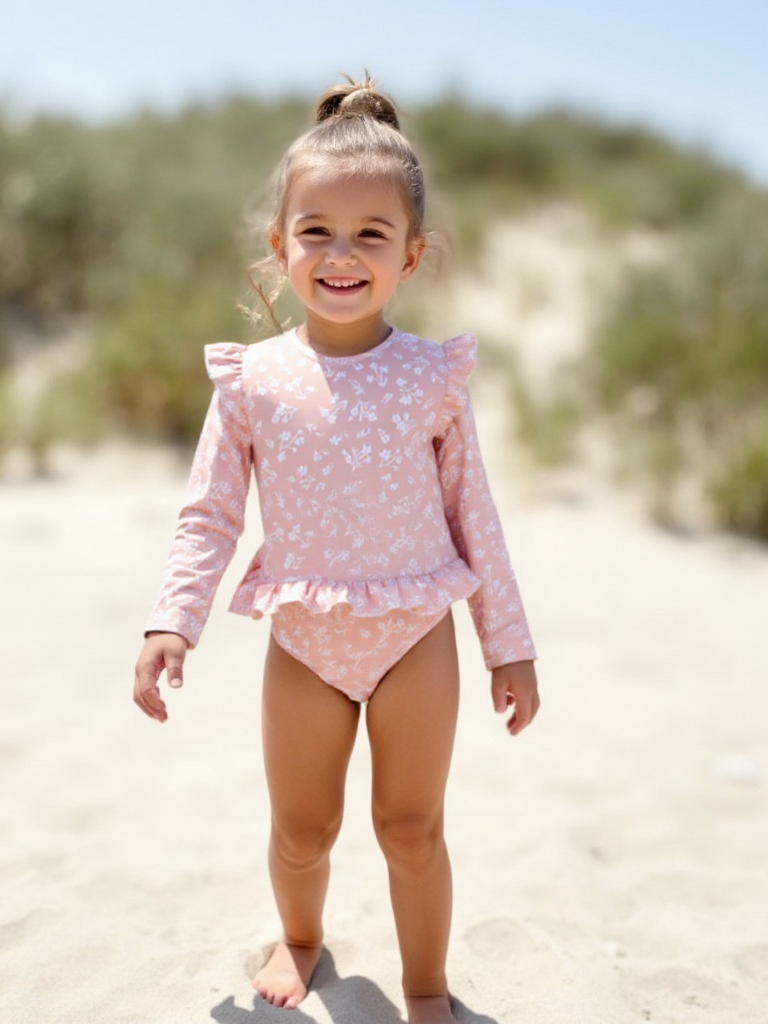 Badpak Lange Mouw Oud Roze met Bloemen print met Ruches Meisjes