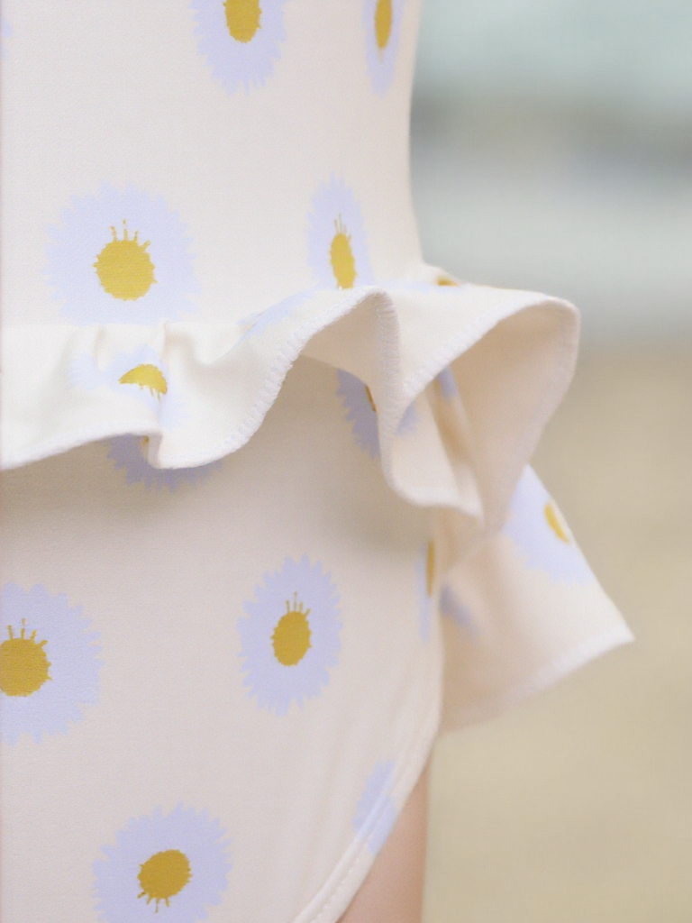 Badpak Lange Mouw Gebroken Wit met Bloemen print met Ruches Meisjes