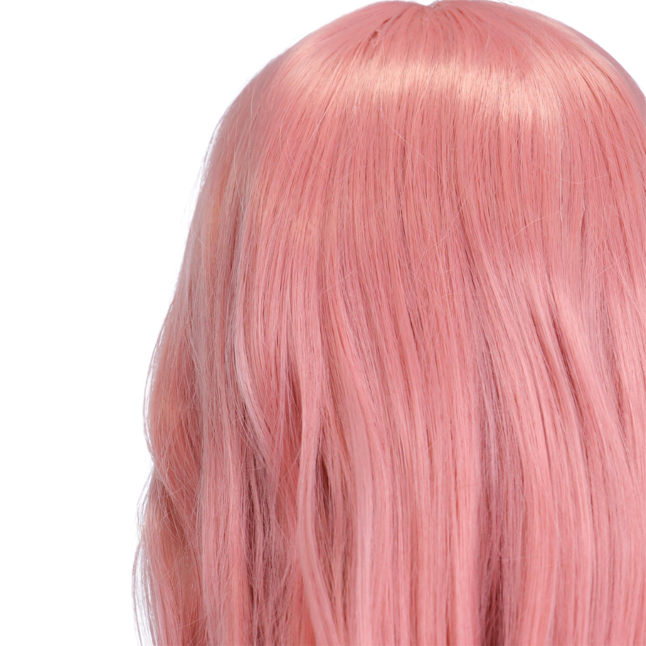 Lange roze damespruik met pony en slag