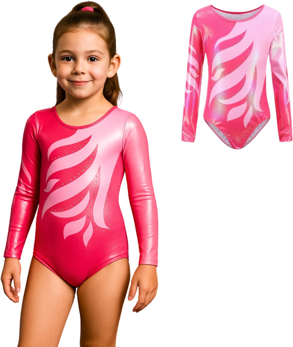Turnpakje Meisjes met Lange Mouwen Hard Roze met Glitters en Strass Steentjes