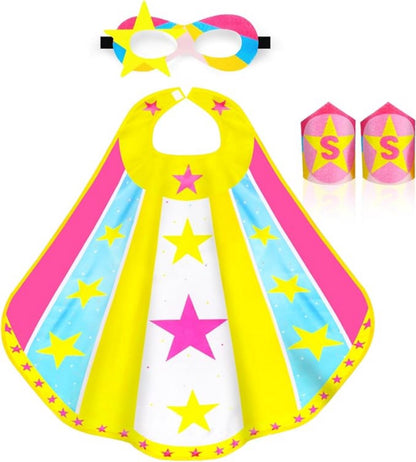 Verkleedset Superheldin Cape Masker Armbanden Roze, Blauw en Geel met Sterren