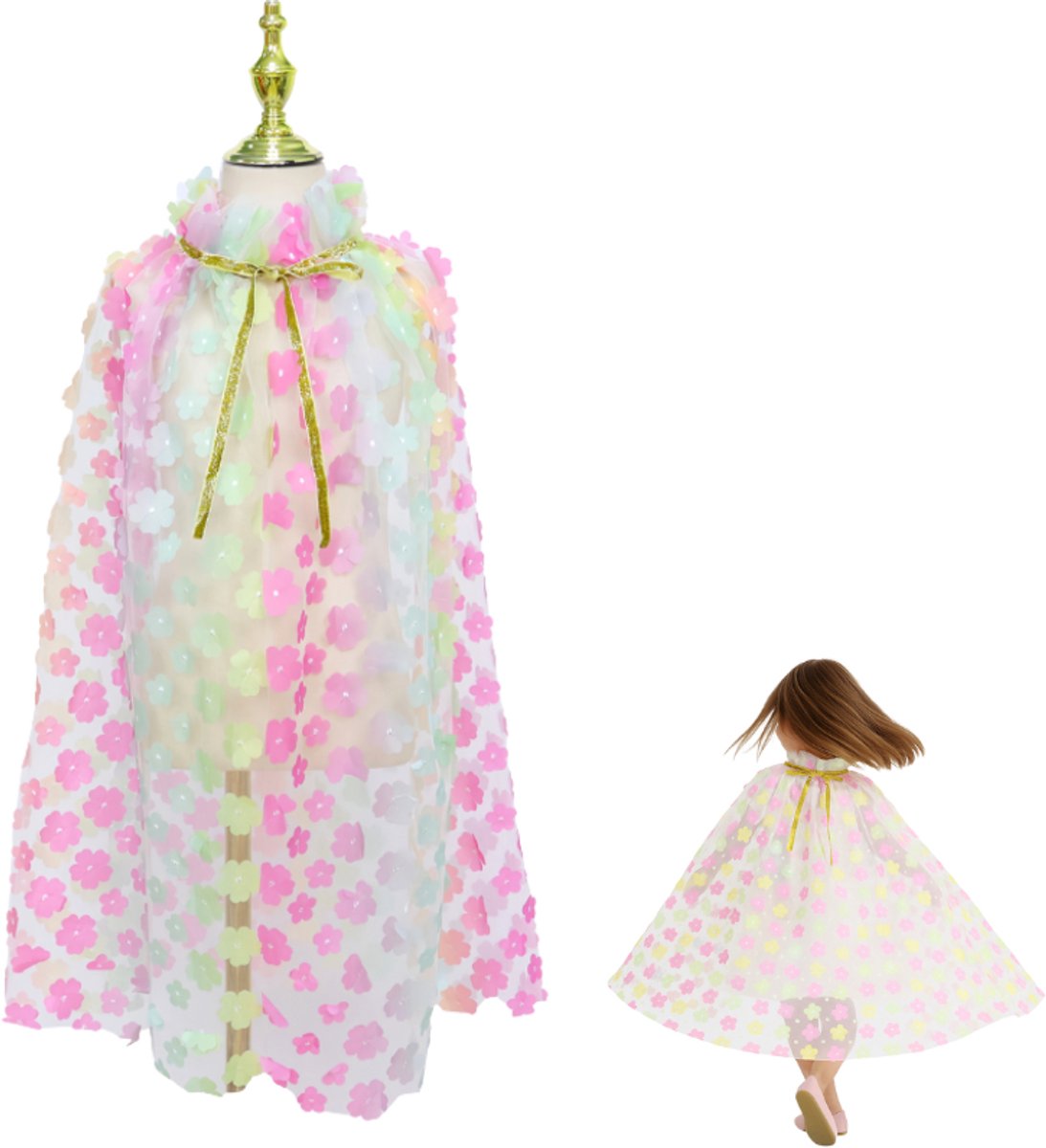 Luxe Verkleedcape Transparant met Regenboog kleuren en Bloemen
