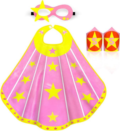Verkleedset Superheldin Cape Masker Armbanden Roze met Gele Sterren