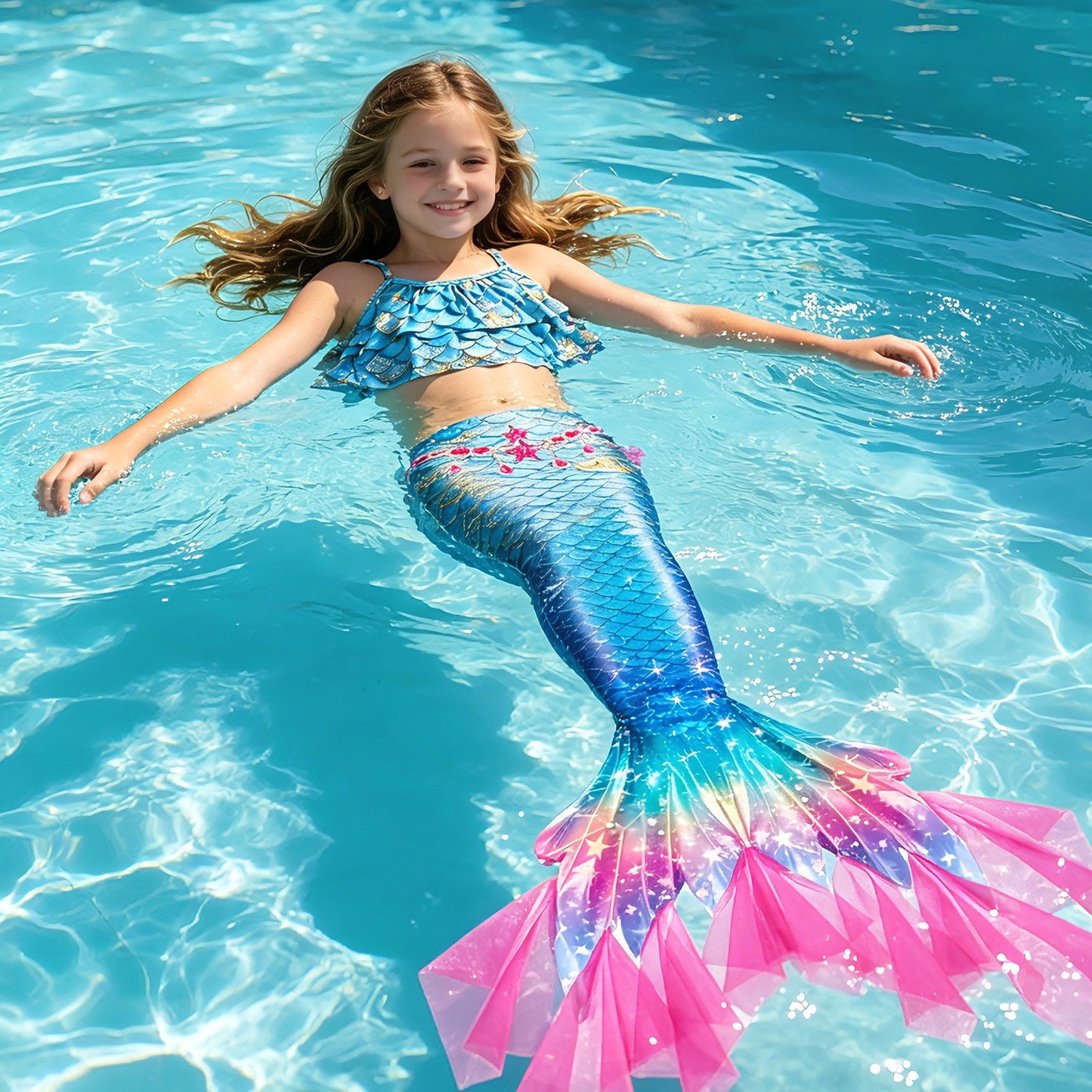 Zeemeerminstaart met Bikini Verkleedset Blauw Roze met Franje