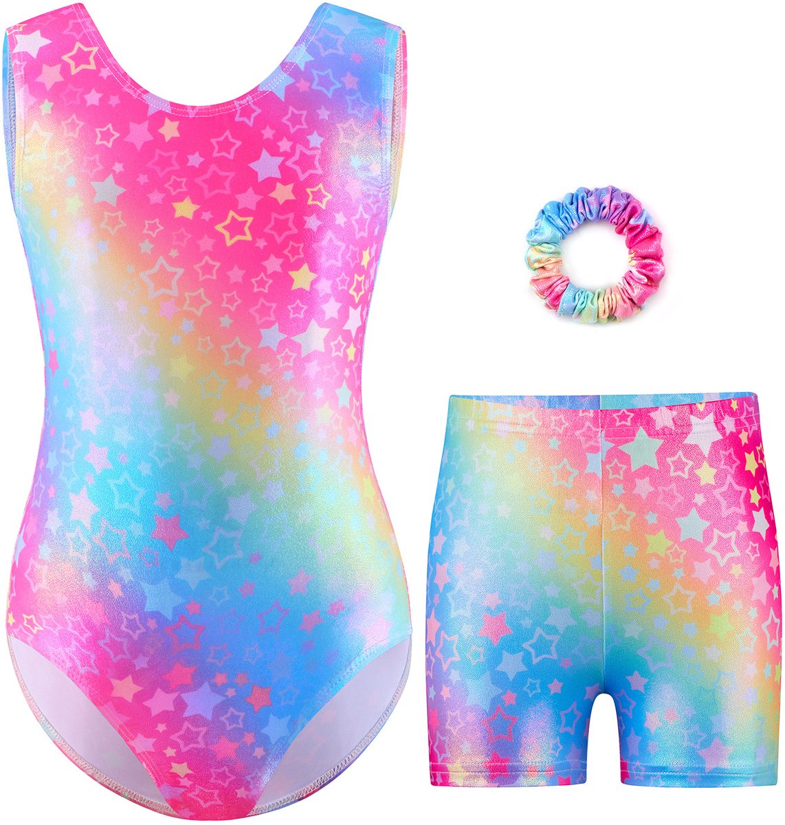 Turnpakje Meisjes Metallic zonder Mouwen met Broekje en Scrunchie Regenboog Sterren