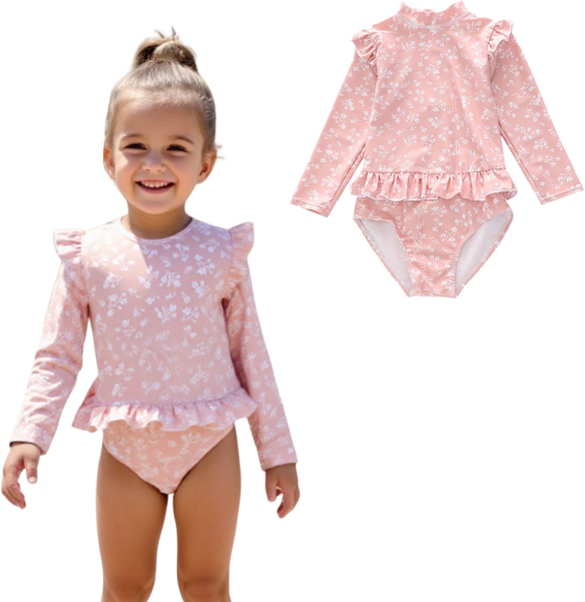 Badpak Lange Mouw Oud Roze met Bloemen print met Ruches Meisjes