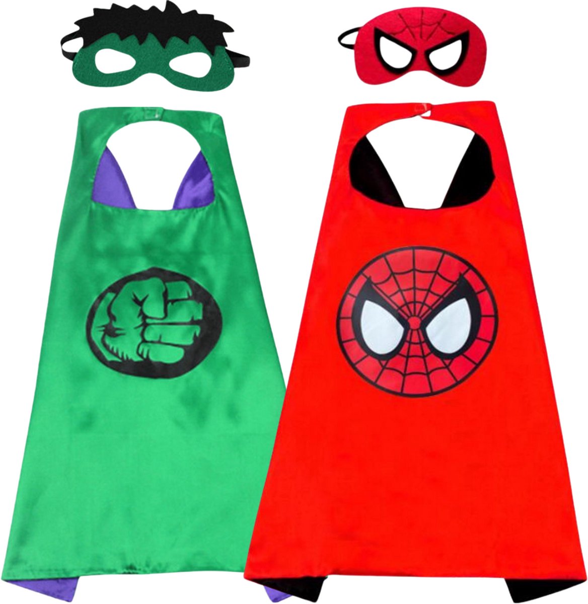 Set van 2 Spiderman en The Hulk Superheld Cape en Masker Set