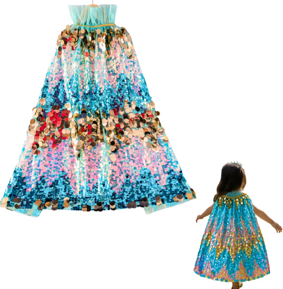 Luxe Verkleedcape Roze met Glitters en Pailletten Blauw