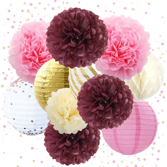 Pompom en Lampionnen Feest Versiering Roze