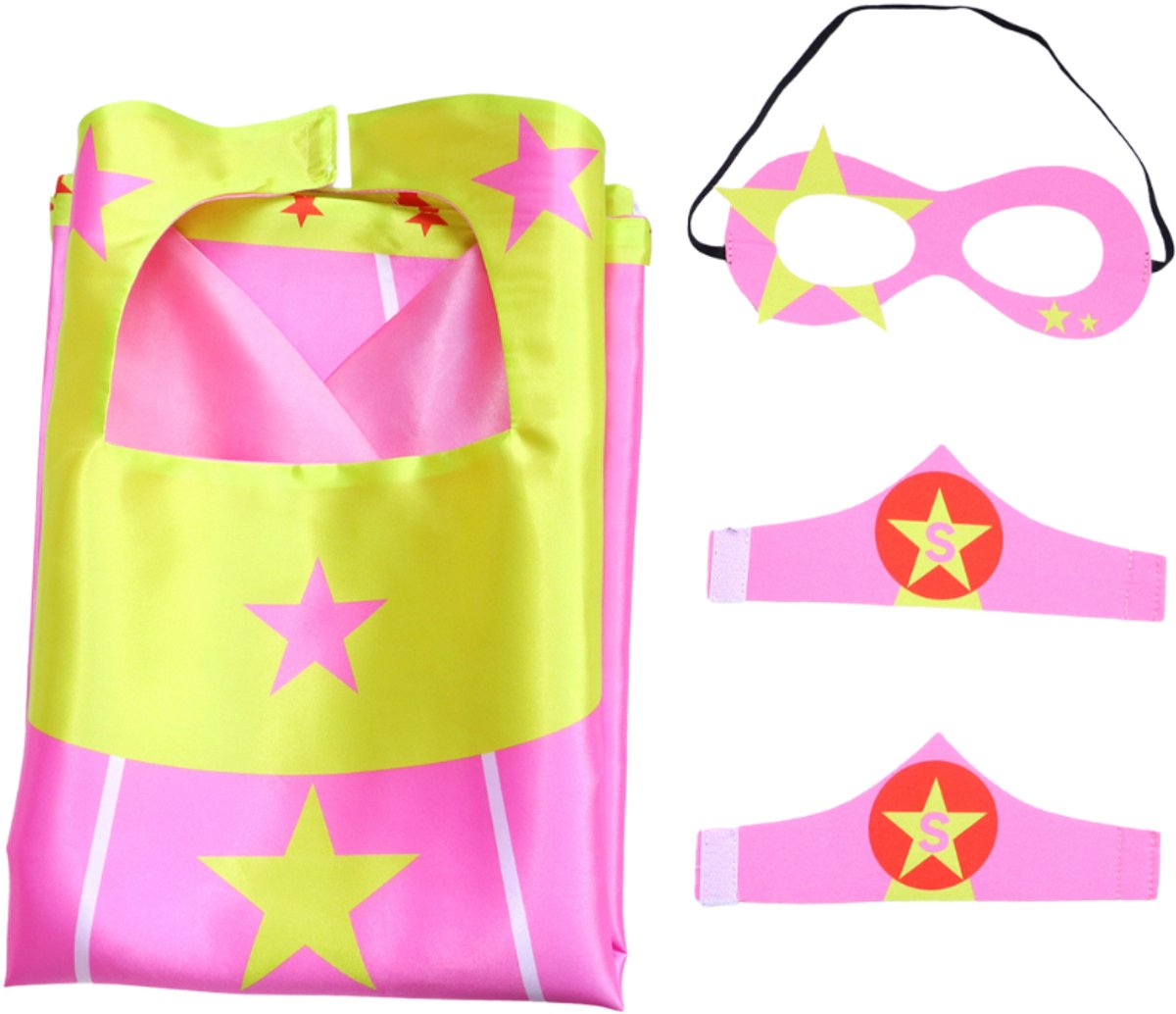 Verkleedset Superheldin Cape Masker Armbanden Roze met Gele Sterren