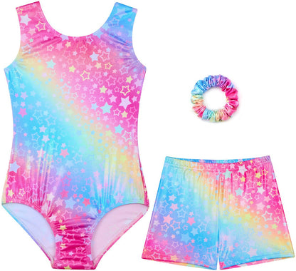 Turnpakje Meisjes Metallic zonder Mouwen met Broekje en Scrunchie Regenboog Sterren