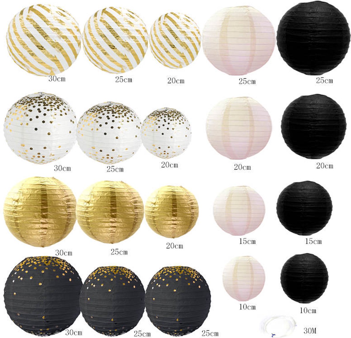 20 Stuks Lampionnen Feest Versiering Set Zwart Goud & Wit