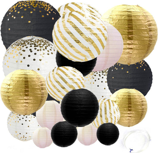 20 Stuks Lampionnen Feest Versiering Set Zwart Goud & Wit