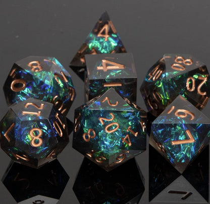 Dungeons and Dragons Dobbelsteen set Donker met Groene en Blauwe Effecten