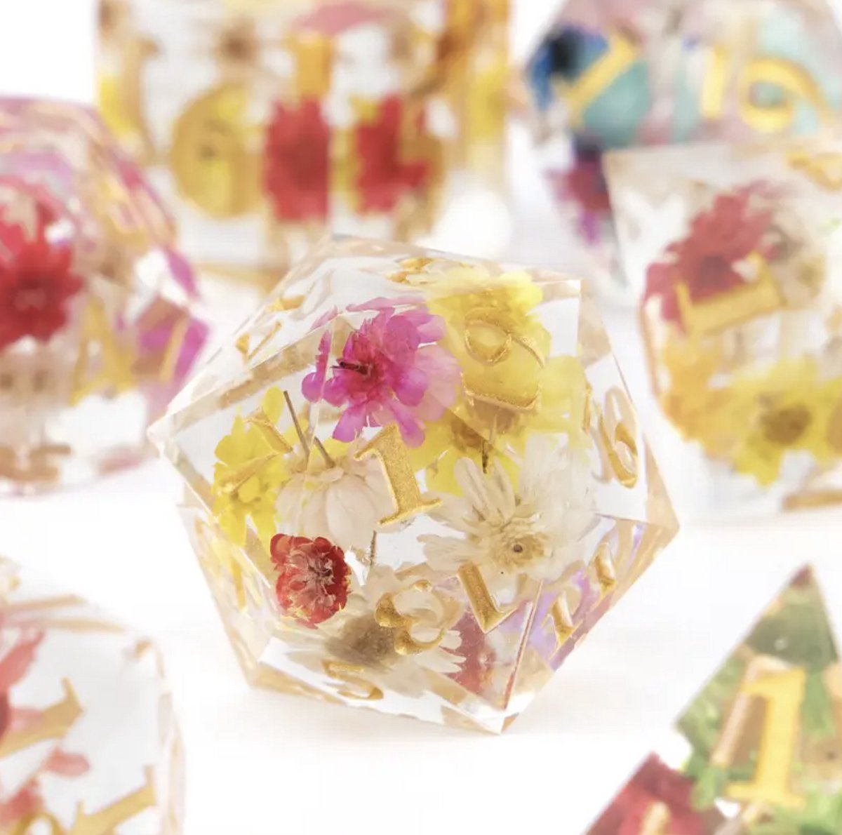 Dungeons and Dragons Dobbelsteen set Transparant met gekleurde Bloemen