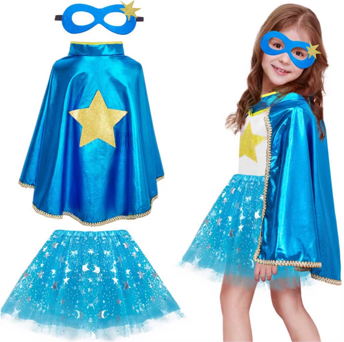Superhelden Outfit Kind Tutu Rok + Metallic Cape + Masker Blauw