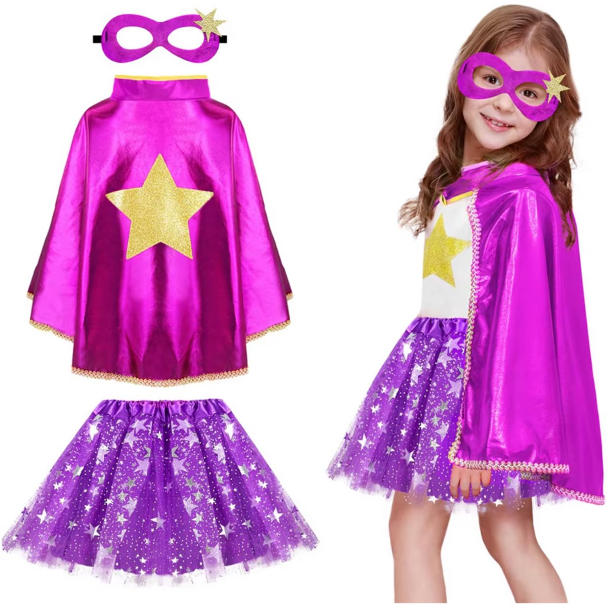 Superhelden Outfit Kind Tutu Rok + Metallic Cape + Masker Paars