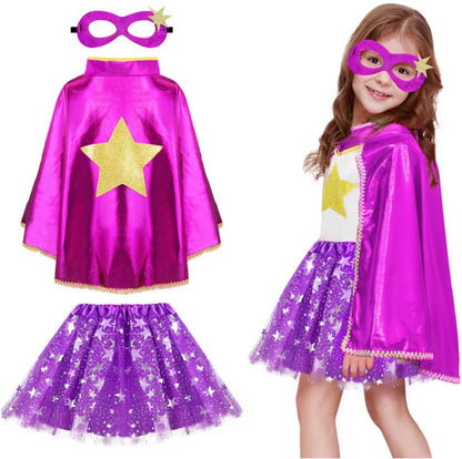 Superhelden Outfit Kind Tutu Rok + Metallic Cape + Masker Paars