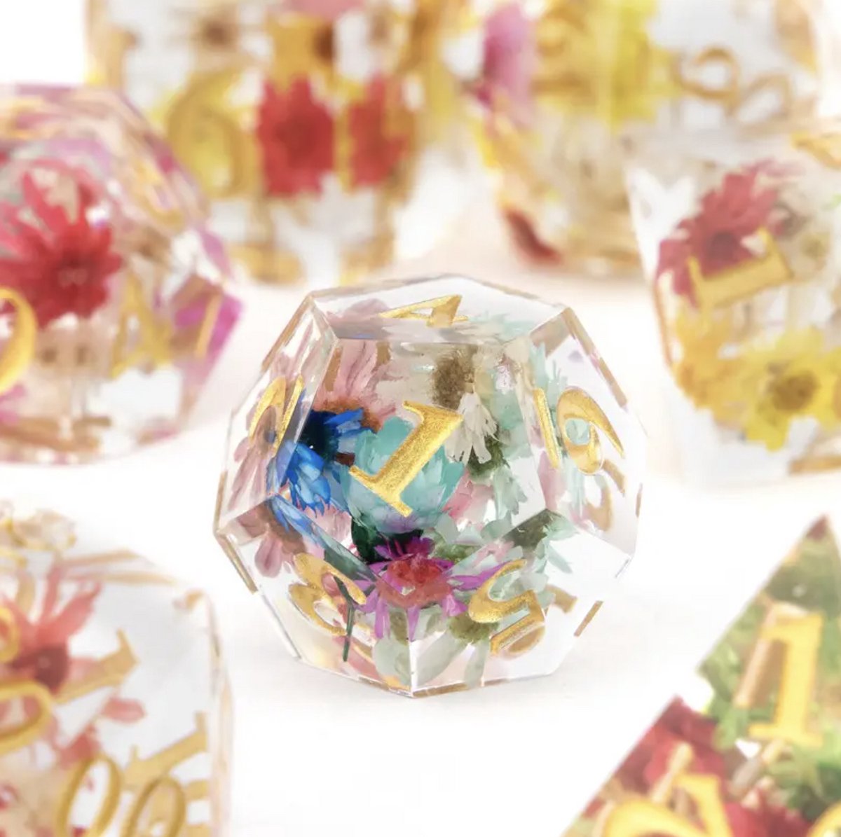 Dungeons and Dragons Dobbelsteen set Transparant met gekleurde Bloemen