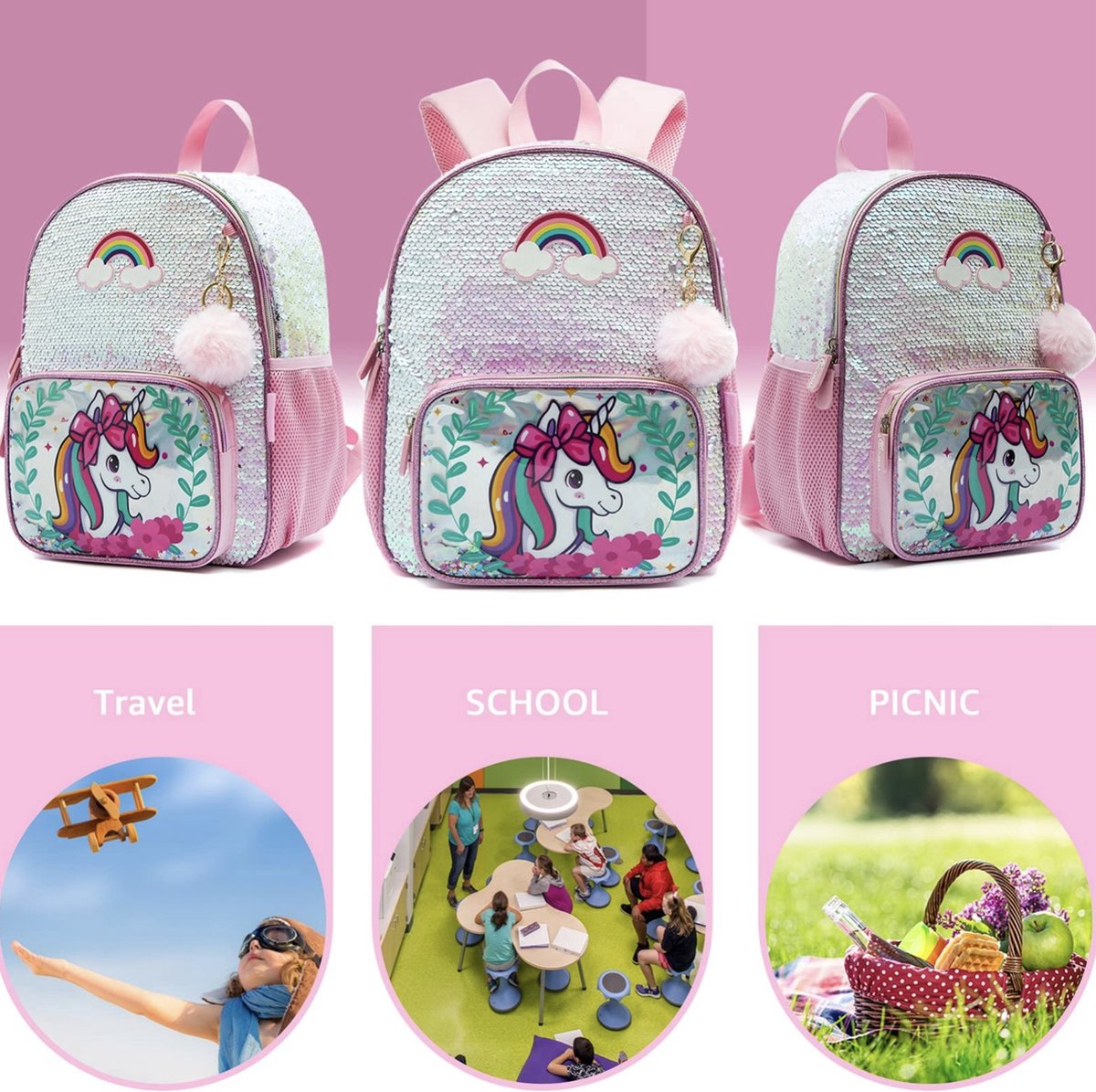 Unicorn Schooltas Pailletten