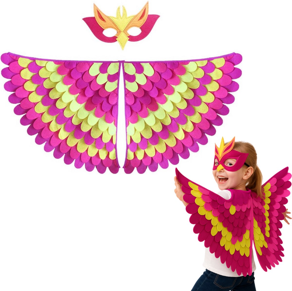 Vogel Verkleedcape en Masker Fluo Roze en Geel