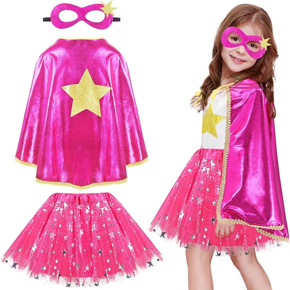 Superhelden Outfit Kind Tutu Rok + Metallic Cape + Masker Roze