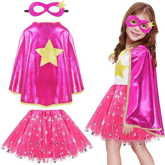 Superhelden Outfit Kind Tutu Rok + Metallic Cape + Masker Roze